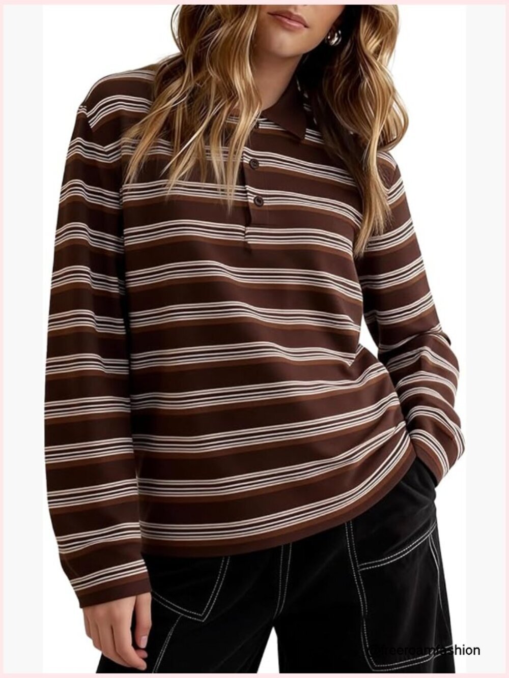 Vintage Striped Rugby Polo Long Sleeve V Neck Pullover Top Y2K